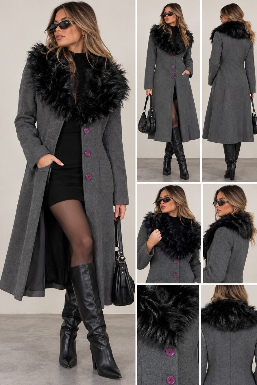 Vintage Forever 21 Gray Long Coat Black Faux Fur Collar Y2K Princess Goth